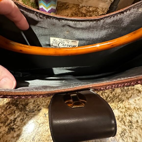 Vintage Caron Handbag in Russet with Tortoise Handles and Gold Decorative Detail - Picture 4 of 5
